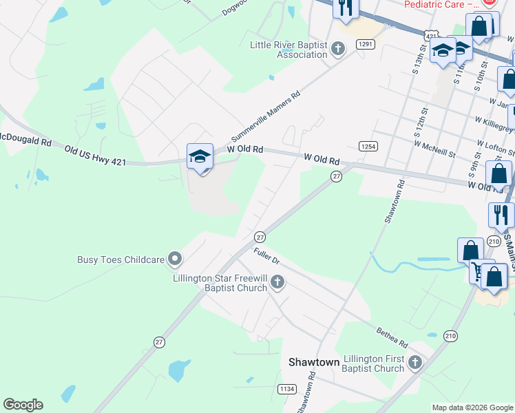 map of restaurants, bars, coffee shops, grocery stores, and more near 36 Michelle Court in Lillington