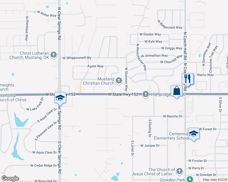 map of restaurants, bars, coffee shops, grocery stores, and more near 1313 West State Highway 152 in Mustang
