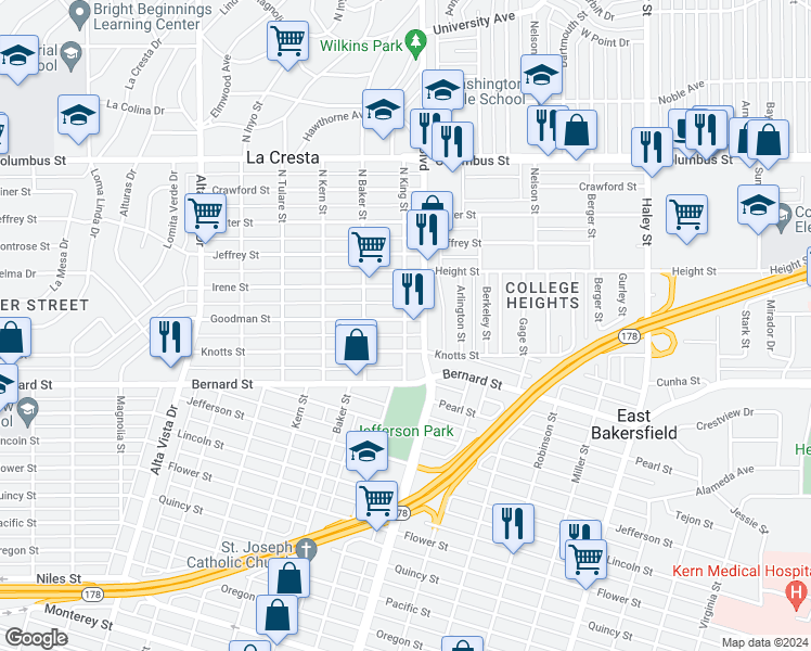 map of restaurants, bars, coffee shops, grocery stores, and more near 2125 North King Street in Bakersfield