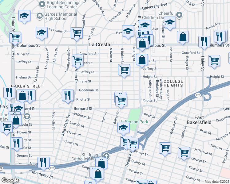 map of restaurants, bars, coffee shops, grocery stores, and more near 607 Goodman Street in Bakersfield