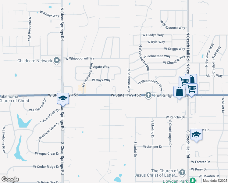 map of restaurants, bars, coffee shops, grocery stores, and more near 161 Bison Court Way in Mustang