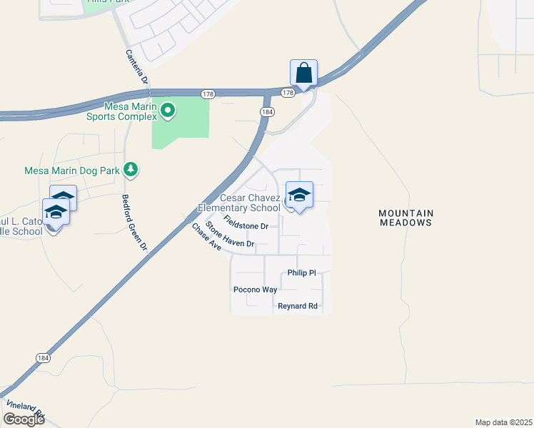 map of restaurants, bars, coffee shops, grocery stores, and more near 10909 Rainwater Lane in Bakersfield