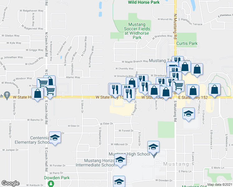 map of restaurants, bars, coffee shops, grocery stores, and more near 465 West State Highway 152 in Mustang