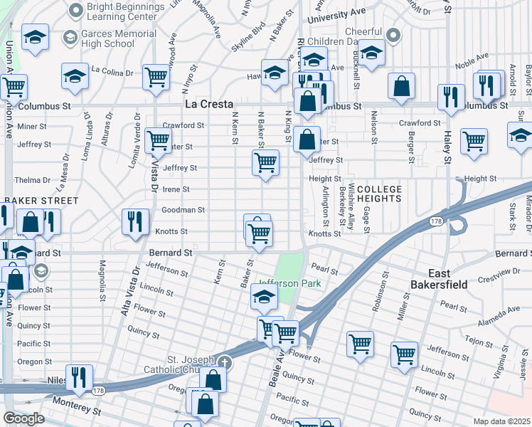 map of restaurants, bars, coffee shops, grocery stores, and more near 2135 North Baker Street in Bakersfield