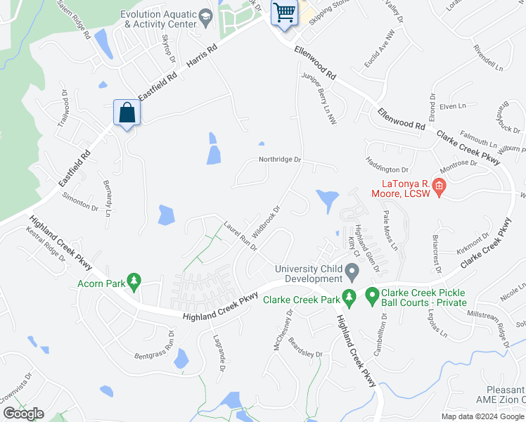 map of restaurants, bars, coffee shops, grocery stores, and more near 6140 Hidden Meadow Lane in Charlotte