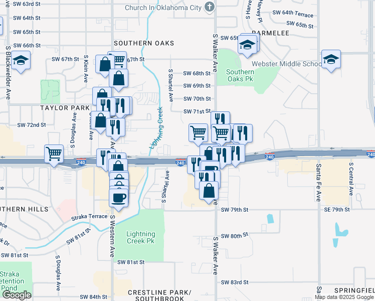map of restaurants, bars, coffee shops, grocery stores, and more near 601 West Interstate 240 Service Road in Oklahoma City