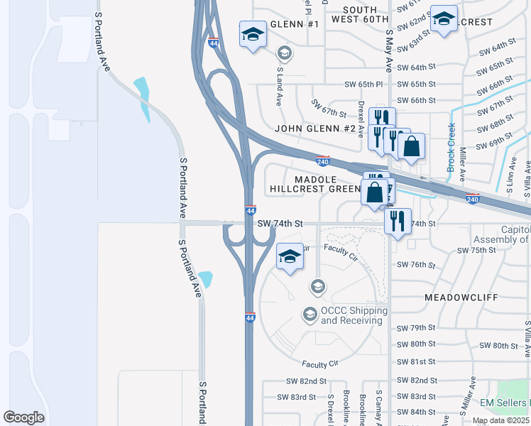 map of restaurants, bars, coffee shops, grocery stores, and more near 3339 Southwest 74th Street in Oklahoma City