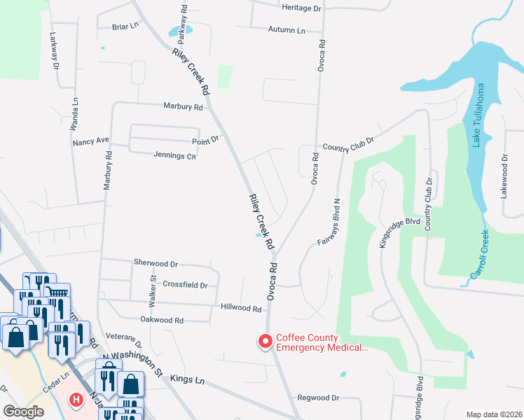map of restaurants, bars, coffee shops, grocery stores, and more near 57 Daffodil Drive in Tullahoma