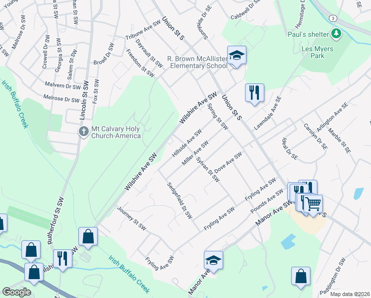 map of restaurants, bars, coffee shops, grocery stores, and more near 146 Hillside Avenue Southwest in Concord