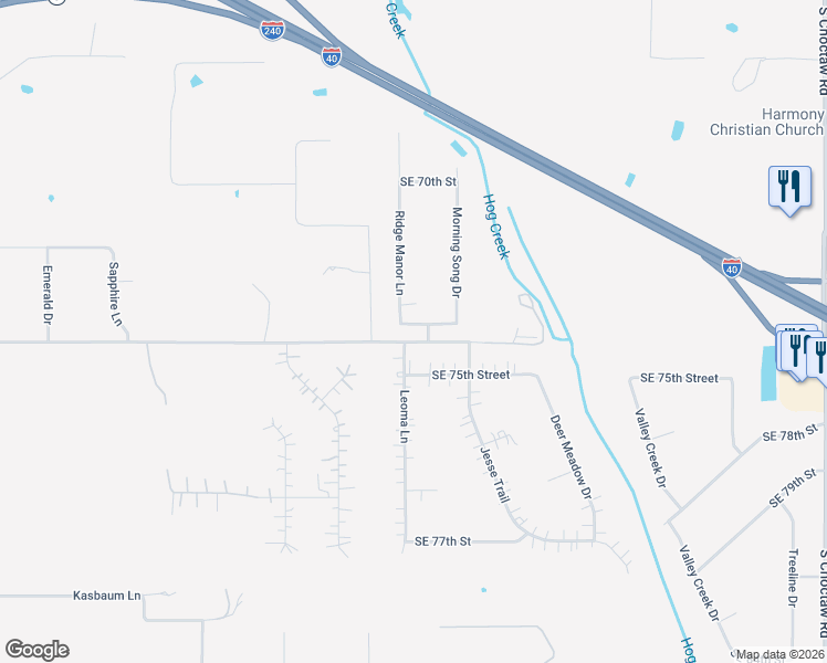 map of restaurants, bars, coffee shops, grocery stores, and more near 14030 Southeast 73rd Street in Oklahoma City