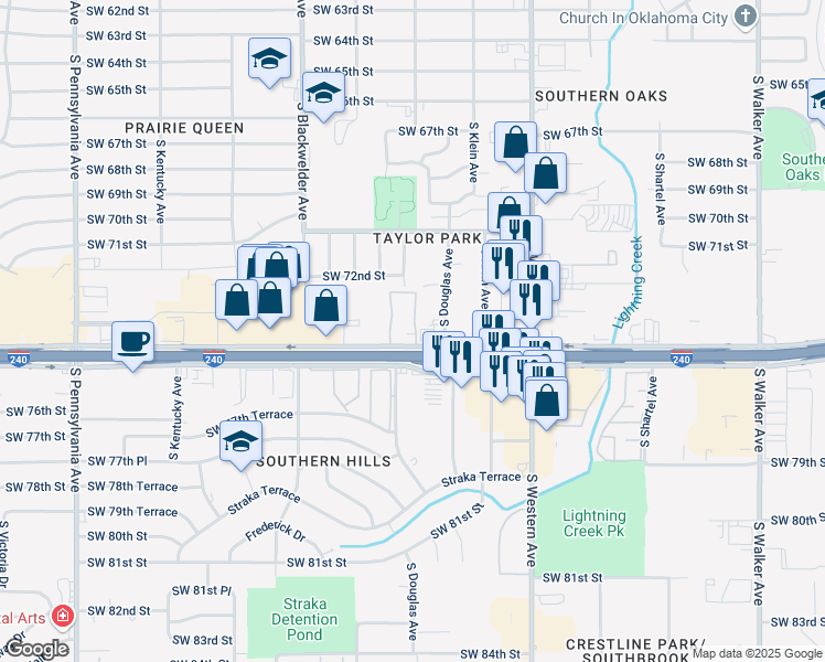 map of restaurants, bars, coffee shops, grocery stores, and more near 1053 West Interstate 240 Service Road in Oklahoma City