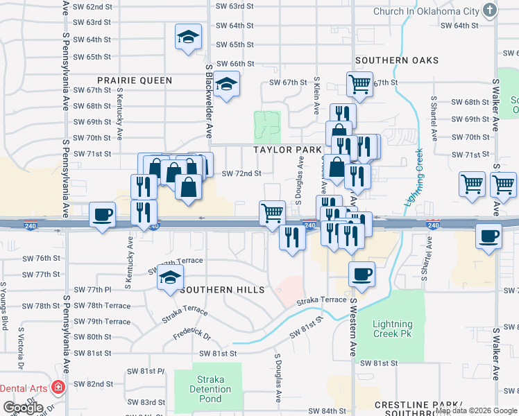map of restaurants, bars, coffee shops, grocery stores, and more near 1145 West Interstate 240 Service Road in Oklahoma City