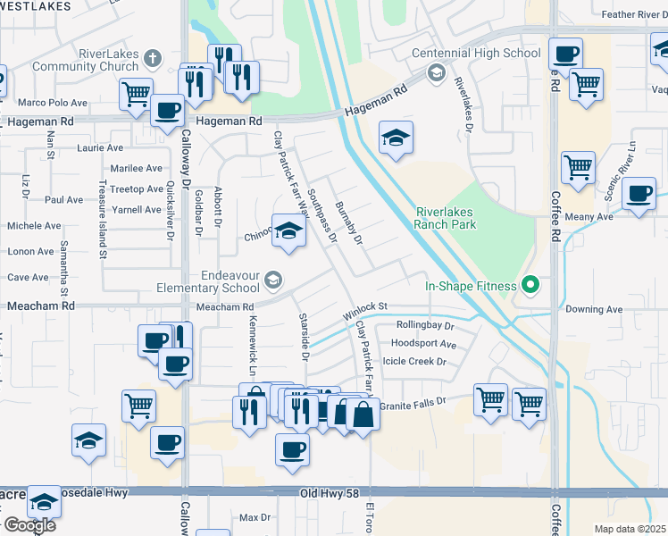 map of restaurants, bars, coffee shops, grocery stores, and more near in Bakersfield