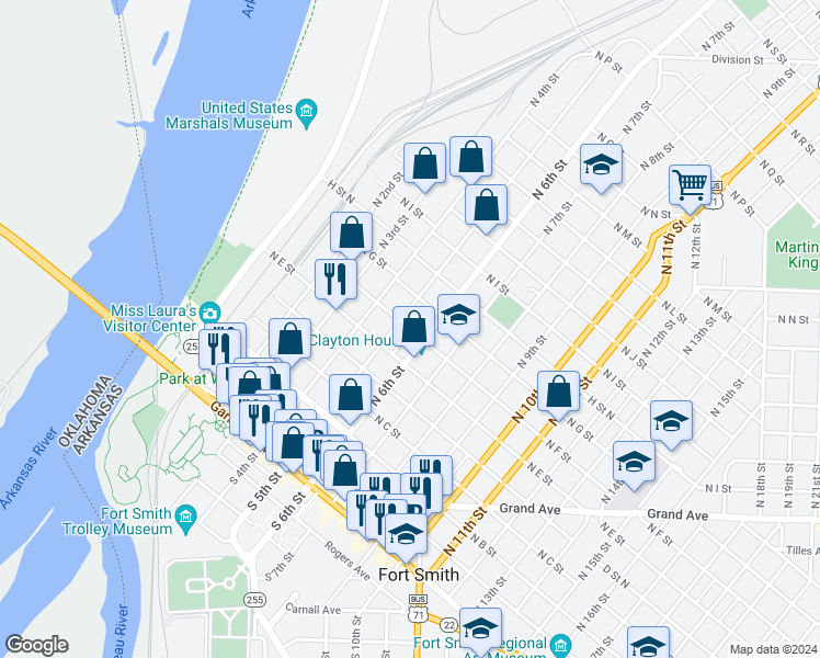 map of restaurants, bars, coffee shops, grocery stores, and more near 523 North 5th Street in Fort Smith