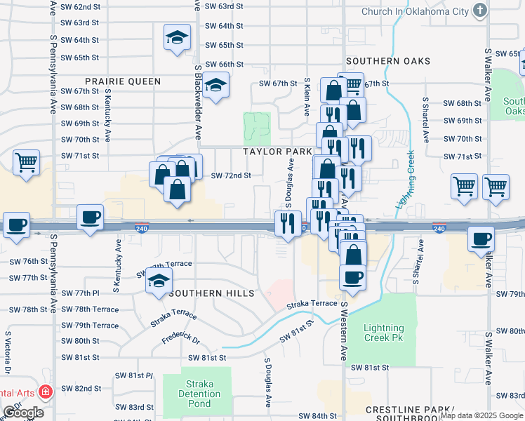 map of restaurants, bars, coffee shops, grocery stores, and more near 1053 West Interstate 240 Service Road in Oklahoma City