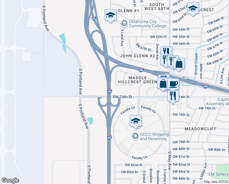 map of restaurants, bars, coffee shops, grocery stores, and more near 3220 Southwest 72nd Street in Oklahoma City