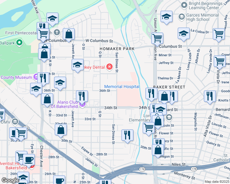 map of restaurants, bars, coffee shops, grocery stores, and more near 3553 San Dimas Street in Bakersfield