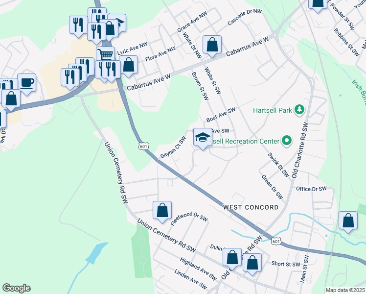 map of restaurants, bars, coffee shops, grocery stores, and more near 731 Gaylan Ct SW in Concord