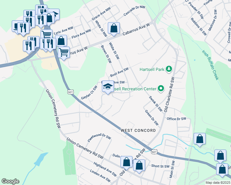 map of restaurants, bars, coffee shops, grocery stores, and more near Sunderland Road Southwest in Concord
