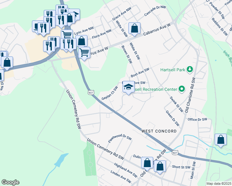map of restaurants, bars, coffee shops, grocery stores, and more near 731 Gaylan Ct SW in Concord