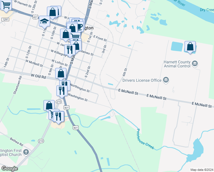 map of restaurants, bars, coffee shops, grocery stores, and more near 405 East McNeill Street in Lillington