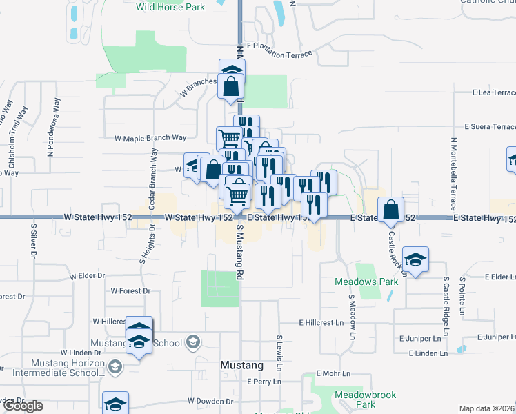 map of restaurants, bars, coffee shops, grocery stores, and more near 127 East State Highway 152 in Mustang