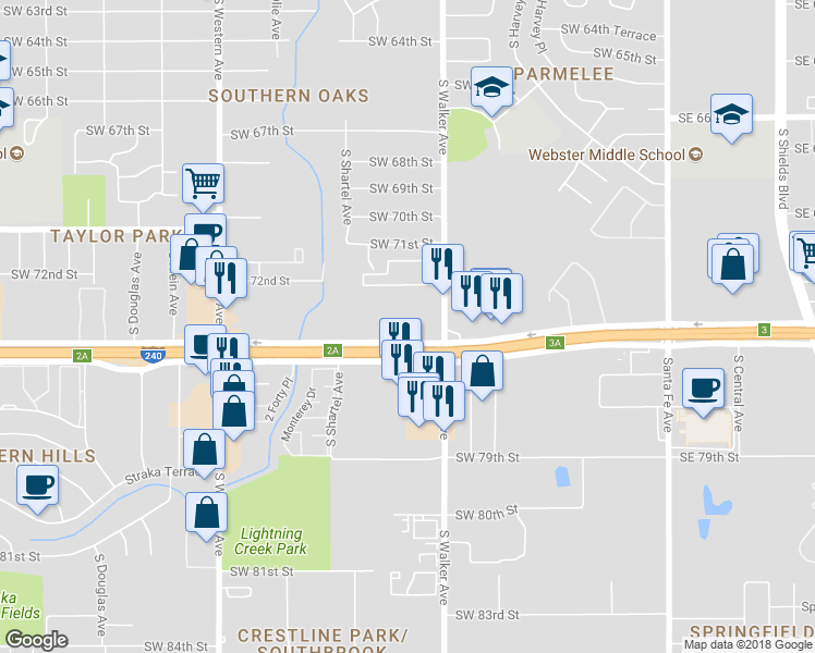 map of restaurants, bars, coffee shops, grocery stores, and more near 515 West Interstate 240 Service Road in Oklahoma City