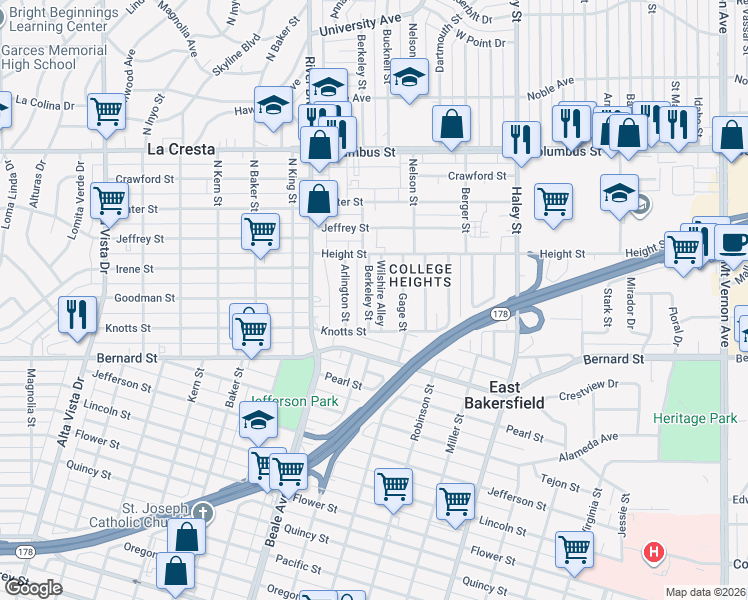 map of restaurants, bars, coffee shops, grocery stores, and more near 2217 Berkeley Street in Bakersfield