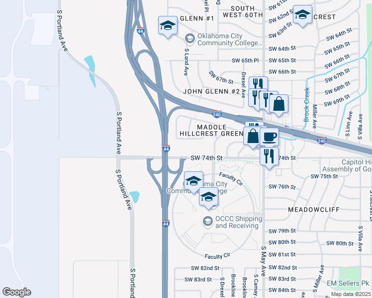 map of restaurants, bars, coffee shops, grocery stores, and more near 3317 Southwest 74th Street in Oklahoma City