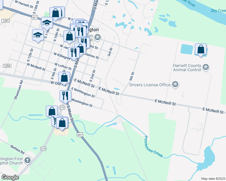 map of restaurants, bars, coffee shops, grocery stores, and more near 405 East McNeill Street in Lillington