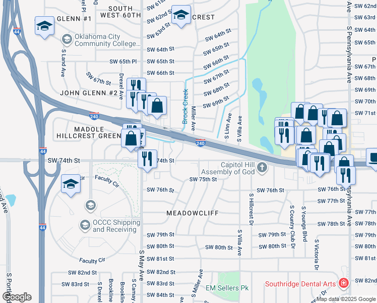 map of restaurants, bars, coffee shops, grocery stores, and more near 2600 West I 240 Frontage Road in Oklahoma City