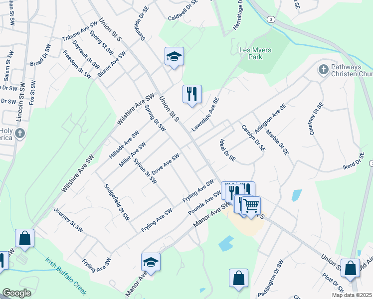 map of restaurants, bars, coffee shops, grocery stores, and more near 27 Dove Avenue Southwest in Concord