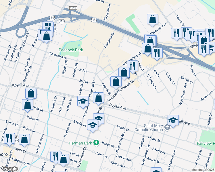 map of restaurants, bars, coffee shops, grocery stores, and more near 901-999 E Aycock St in Goldsboro