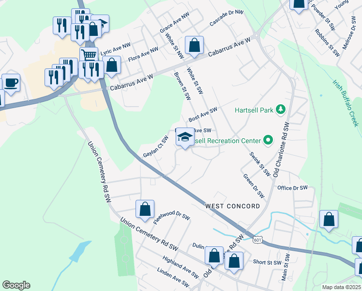 map of restaurants, bars, coffee shops, grocery stores, and more near 682 Sunderland Road Southwest in Concord