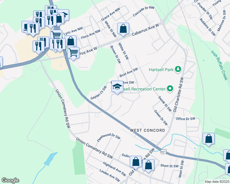 map of restaurants, bars, coffee shops, grocery stores, and more near 682 Sunderland Road Southwest in Concord