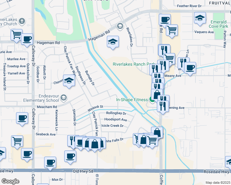 map of restaurants, bars, coffee shops, grocery stores, and more near 8606 Tekoa Court in Bakersfield