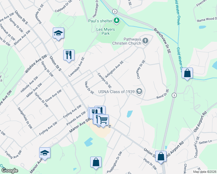 map of restaurants, bars, coffee shops, grocery stores, and more near 790 Carolyn Drive Southeast in Concord