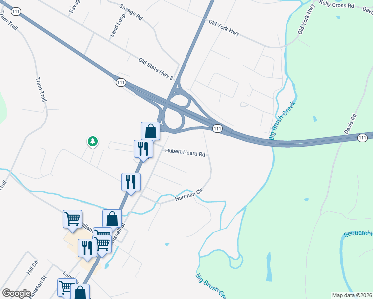 map of restaurants, bars, coffee shops, grocery stores, and more near 119 Hubert Heard Road in Dunlap