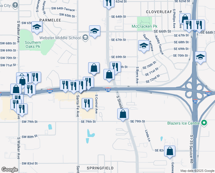 map of restaurants, bars, coffee shops, grocery stores, and more near 111 Southeast 74th Street in Oklahoma City