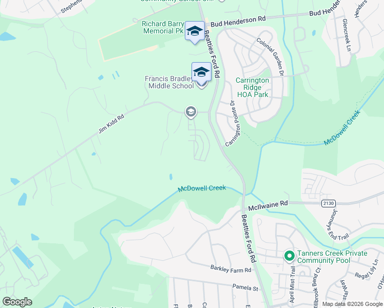 map of restaurants, bars, coffee shops, grocery stores, and more near 13019 West Douglas Park Drive in Huntersville