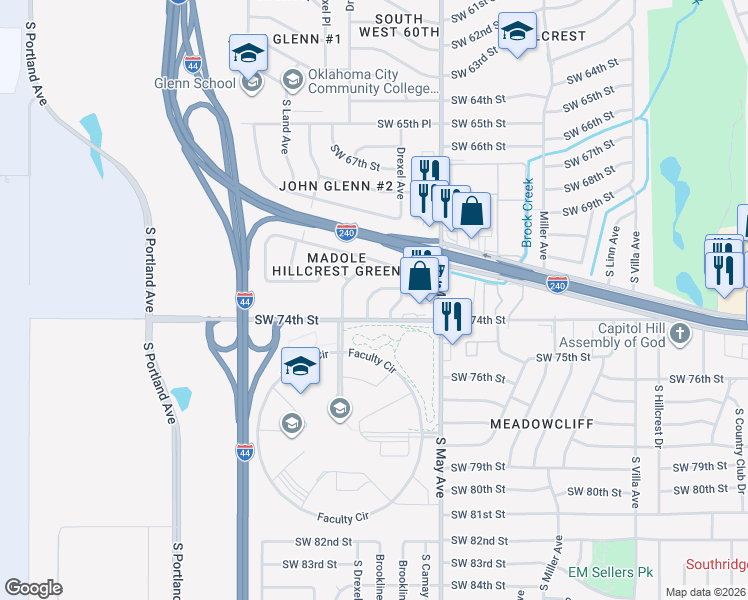 map of restaurants, bars, coffee shops, grocery stores, and more near 7405 South Drexel Place in Oklahoma City