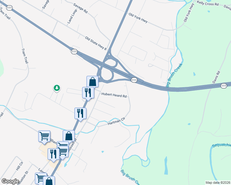 map of restaurants, bars, coffee shops, grocery stores, and more near 119 Hubert Heard Road in Dunlap
