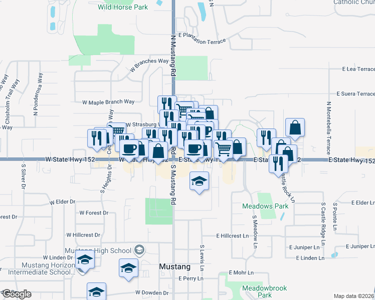 map of restaurants, bars, coffee shops, grocery stores, and more near 127 East State Highway 152 in Mustang