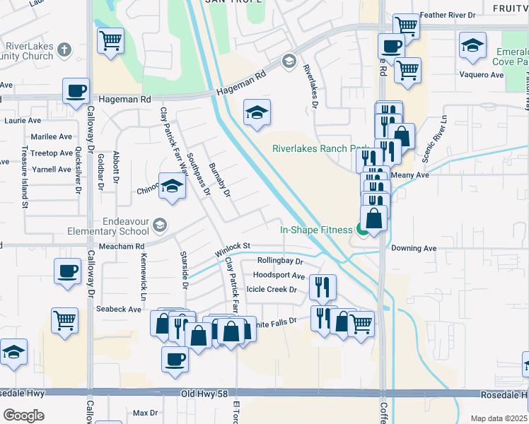 map of restaurants, bars, coffee shops, grocery stores, and more near 8808 Chisholm Drive in Bakersfield