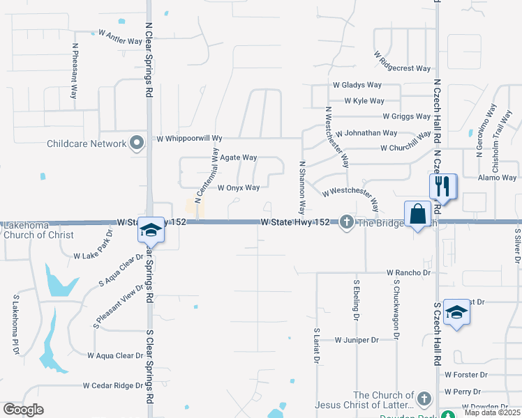map of restaurants, bars, coffee shops, grocery stores, and more near 161 Bison Court Way in Mustang