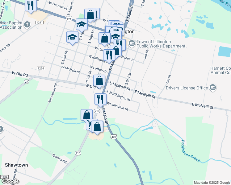 map of restaurants, bars, coffee shops, grocery stores, and more near 116 East McNeill Street in Lillington