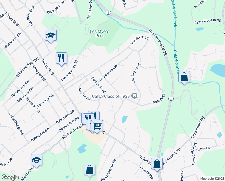 map of restaurants, bars, coffee shops, grocery stores, and more near 800 Marble Street Southeast in Concord