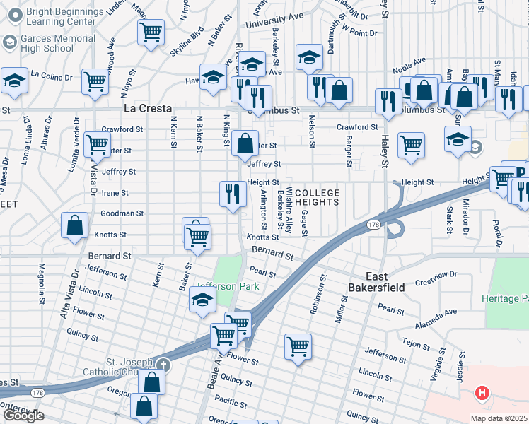 map of restaurants, bars, coffee shops, grocery stores, and more near 2227 Berkeley Street in Bakersfield