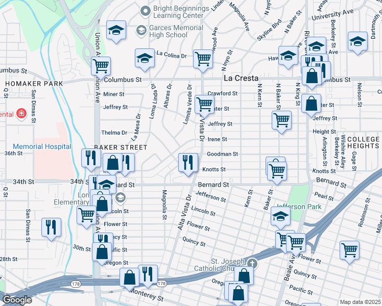 map of restaurants, bars, coffee shops, grocery stores, and more near 250 Goodman Street in Bakersfield