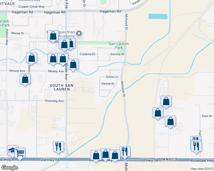 map of restaurants, bars, coffee shops, grocery stores, and more near 5921 Genoa Drive in Bakersfield